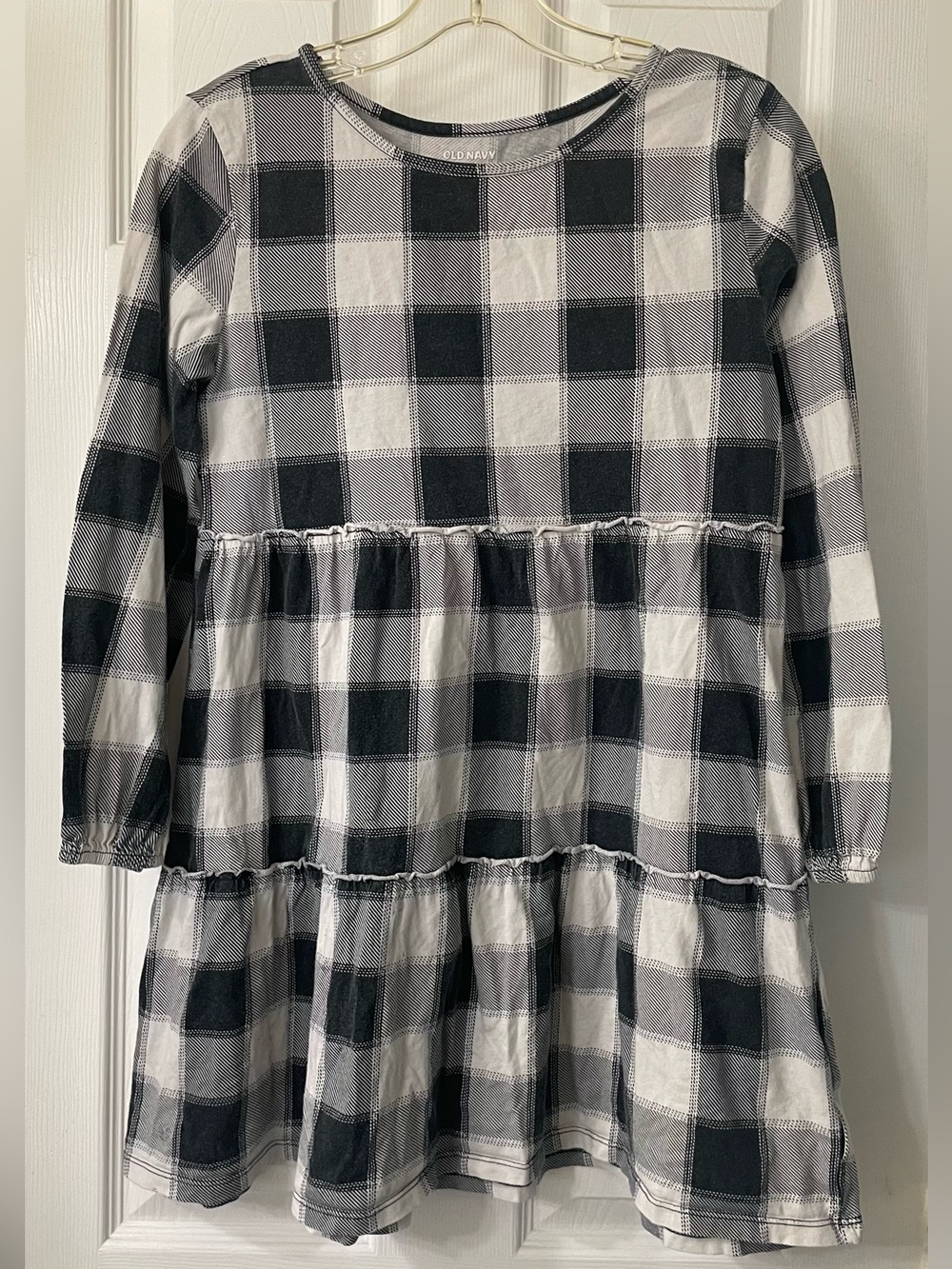 Old Navy Black and White Plaid Tiered Long-Sleeve Girls' Dress